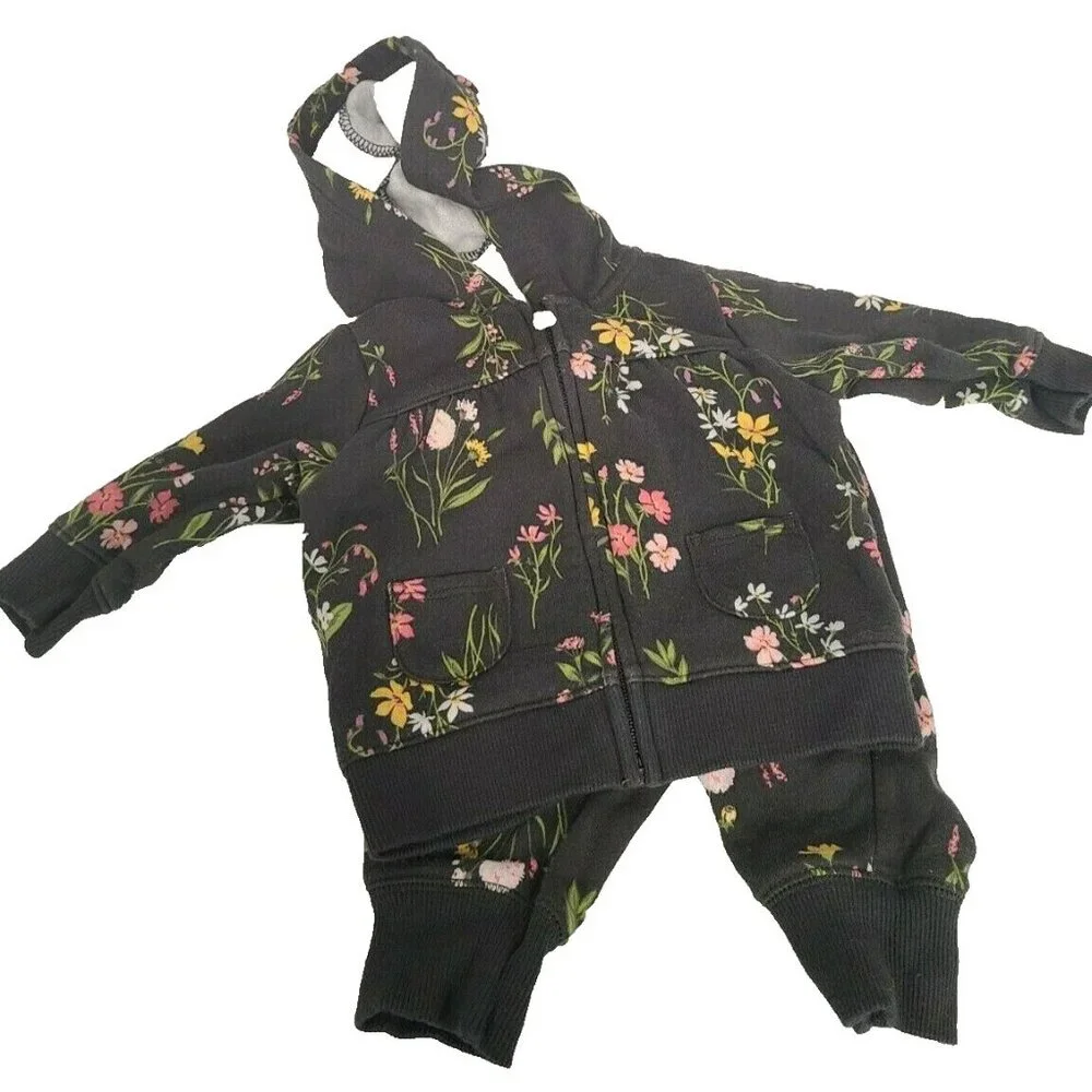 Carters Baby Girls Hoodie and Pants Outfit Set Size 3M Gray Floral Allover print